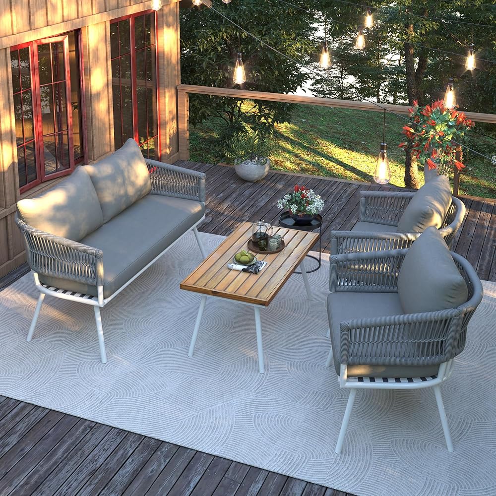 4-Piece Boho Rope Patio Furniture Set, Outdoor Furniture with Acacia Wood Table, Patio Conversation Set with Deep Seating & Thick Cushion for Backyard Porch Balcony, Grey