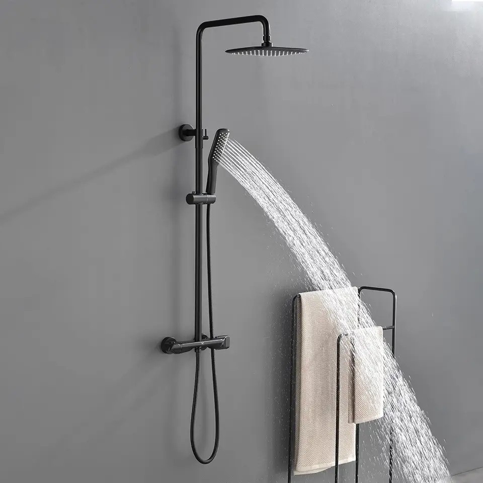 QISHENG Exposed Shower System, Black Thermostatic Shower System, Shower System with Anti Scald Brass Thermostatic Valve, Rain Shower System With Handheld Spray, Wall Mount Dual Funtions Shower System