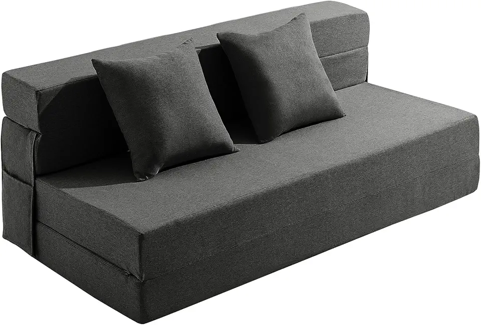 JKMAX Queen Size Folding Sofa Bed - 4 in 1 Sleeper Chair with Two Pillows - High Density Memory Foam Futon Couch - Convertible Folding Bed with Washable Modern Linen Cover for Apartment (Dark Grey)