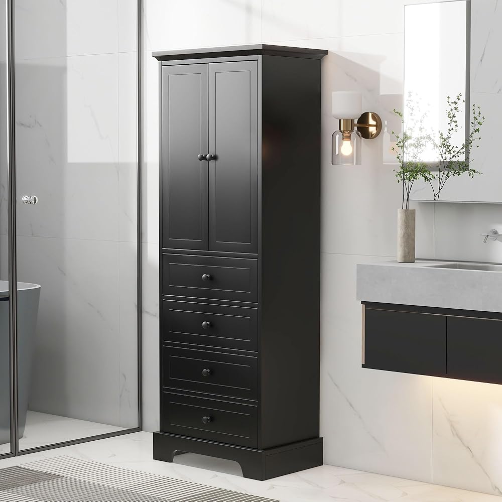 Merax Bathroom Cabinet with Doors and Drawers, Tall Storage Pantry for Home Kitchen, Adjustable Shelf, Black