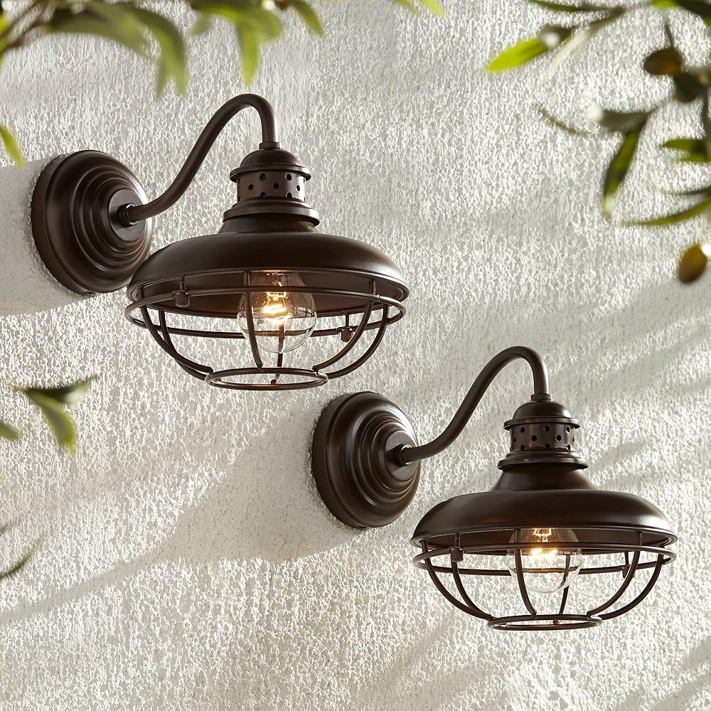 Franklin Park Rustic Farmhouse Outdoor Barn Lights Fixtures Set of 2 Oil Rubbed Bronze Gooseneck 9