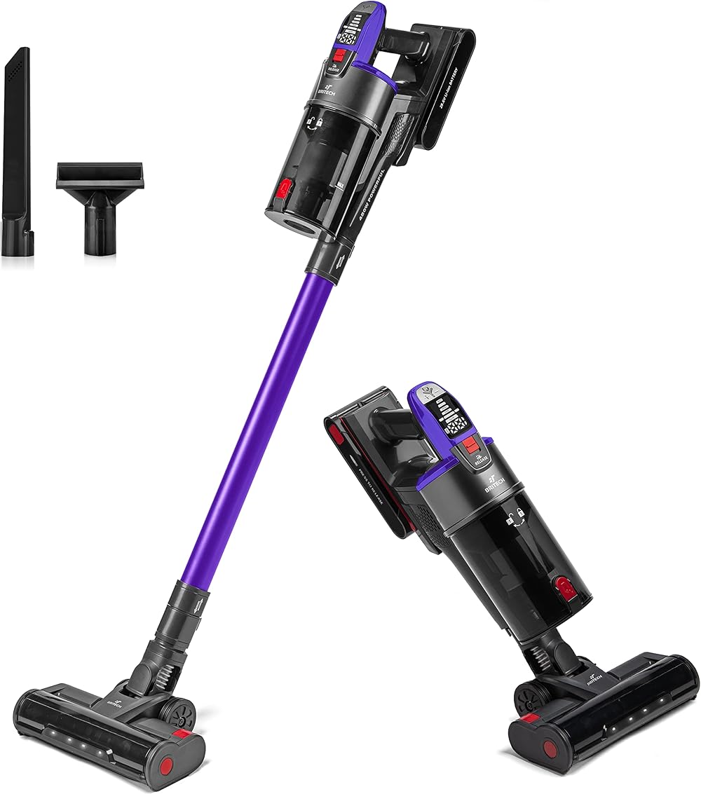BRITECH Cordless Lightweight Stick Vacuum Cleaner, 500W Motor for Powerful Suction 40min Runtime, LED Display Screen & Headlights, Great for Carpet Cleaner, Hardwood Floor & Pet Hair (Purple)
