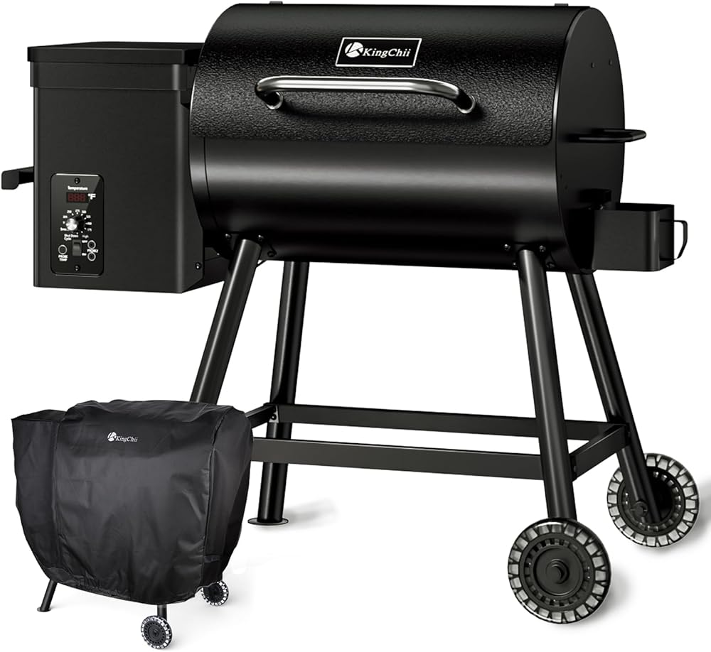 KingChii Electric Wood Pellet Grill & Smoker, 456 SQ.IN Grill Capacity, with PID Temperature Control (180-425°F) for Backyard Camping Bake and Roast, Black with Cover