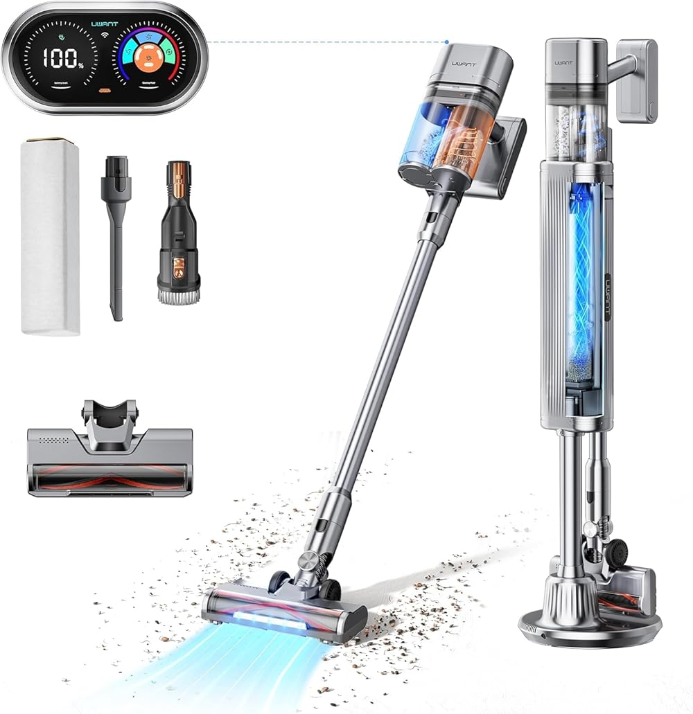 uwant Auto Empty Cordless Stick Vacuum Cleaner 200AW Powerful Suction with 6-Layer HEPA Filtration Station, Wireless Vacuum for Carpet, Hardwood, Pet Hair, Lightweight, Light Grey