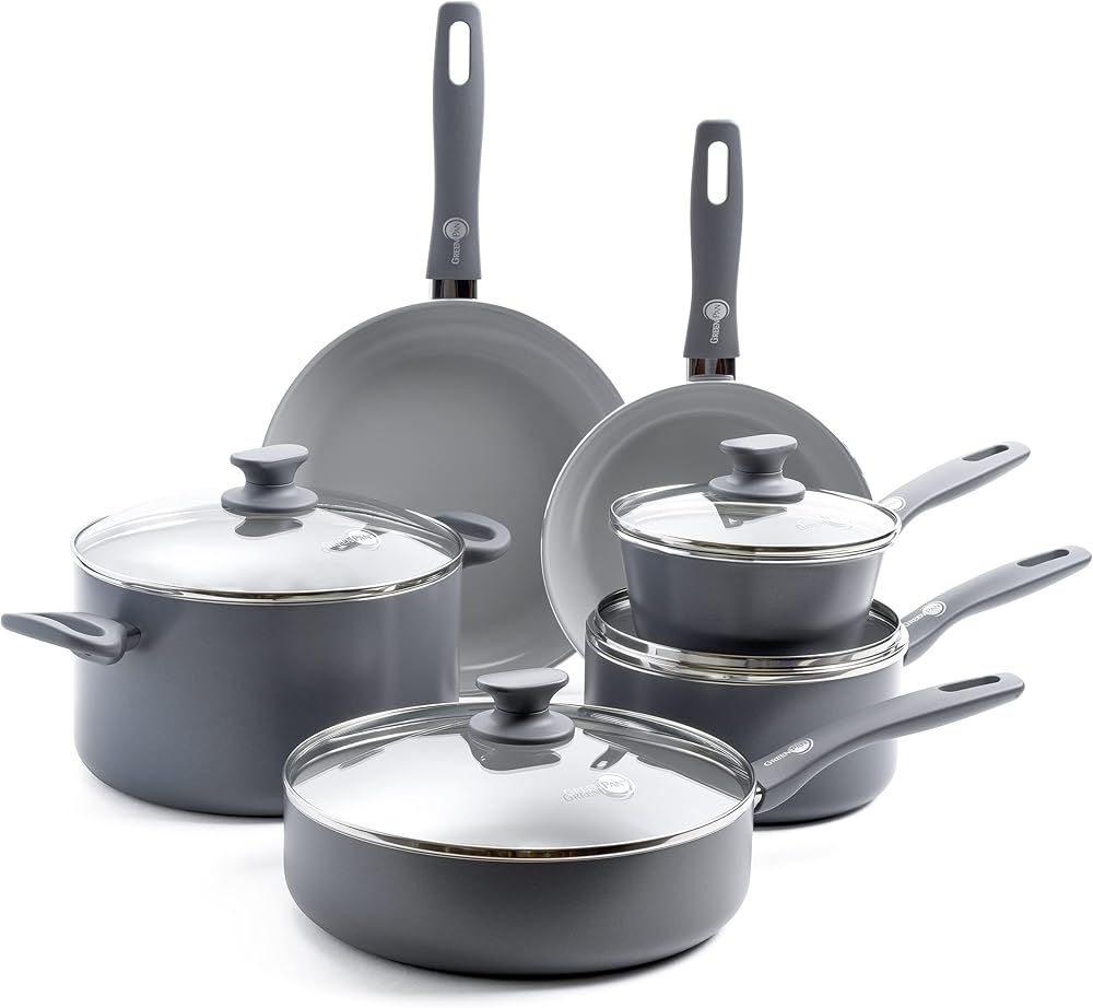 GreenPan Dover Healthy Ceramic Nonstick, 10 Piece Cookware Pots and Pans Set, PFAS-Free, Dishwasher Safe, Comfort Grip Handle, Grey