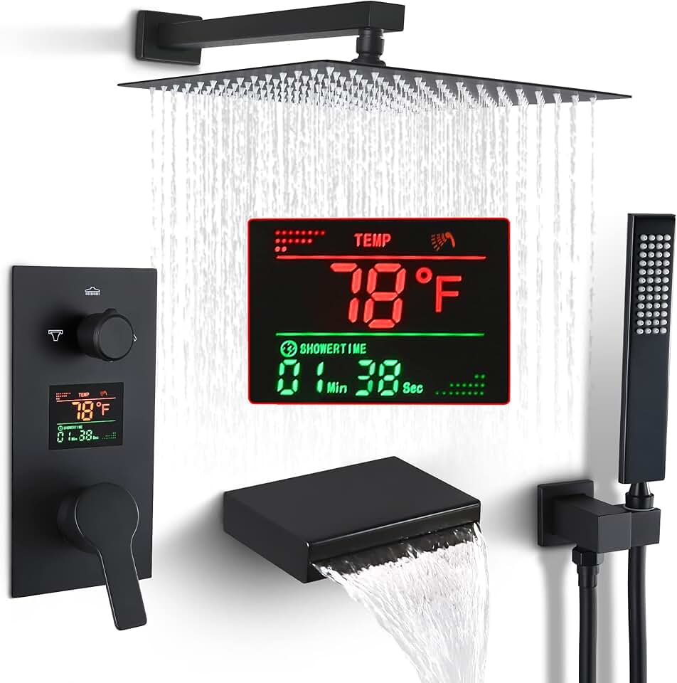 SKWOLL Matte Black Shower Faucet Set Rain Shower Head Digital Shower System 12 Inch Wall Mounted Shower Head with 3 Function LCD Display Valve Kit