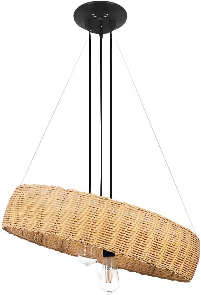 3-Light Bamboo Rattan Chandelier, Handmade Woven Pendant Light, Bamboo Woven Farmhouse Ceiling Lighting Fixture, Hanging Lamp for Dining Room Kitchen Island