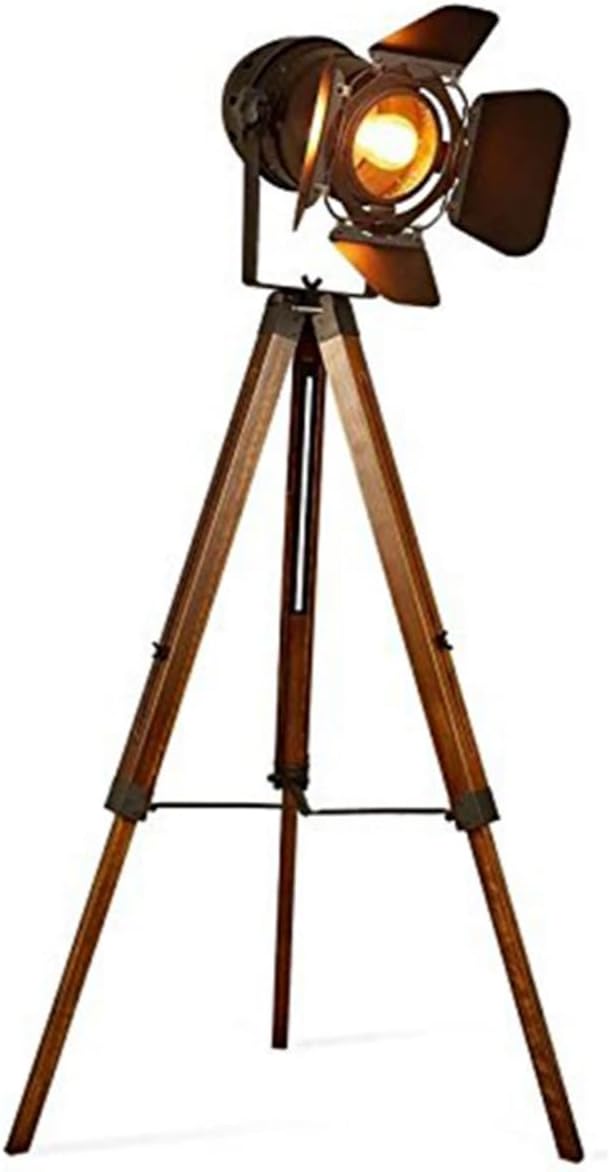 COSYLUX Industrial Floor Lamp for Living Room, Adjustable Height Tripod Floor Lamp for Rustic Decor, Wooden Nautical Retro Spotlight Farmhouse Vintage Standing Lamps for Bedrooms (with no Bulb)