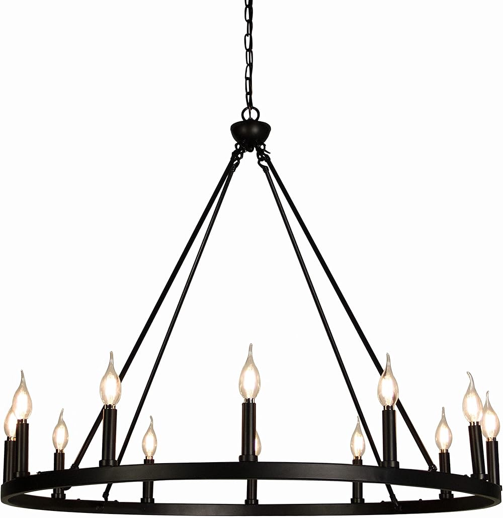 12-Light Candle Style Black Wagon Wheel Chandelier, Retro Farmhouse Country Style Industrial Large Round Pendant Light Fixture for Living Room, Dining Room, Foyer, Entryway