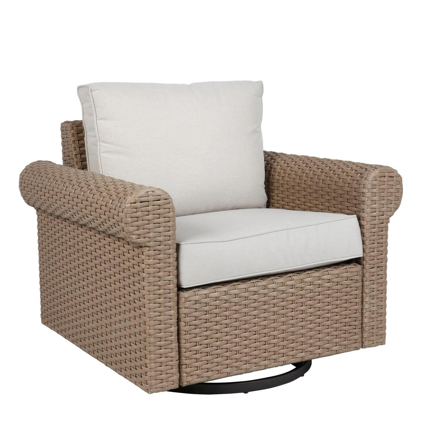 allen + roth Emerald Cove Wicker Brown Steel Frame Swivel Glider Conversation Chair with Tan Cushioned Seat