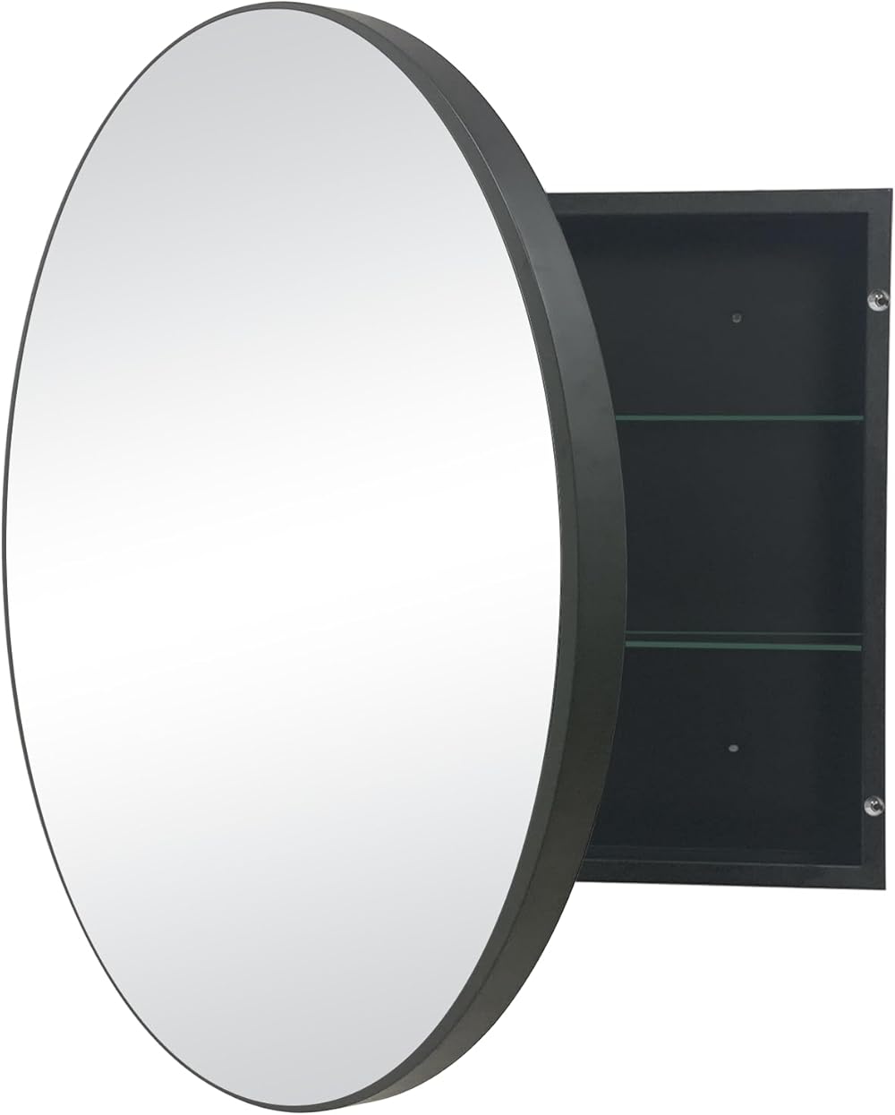 28 x 28 Inch Round Medicine Cabinet Circular Bathroom Mirror Cabinet | Wall Surface Mounted Storage Cabinet | with Farmhouse Black Framed Mirrored Door