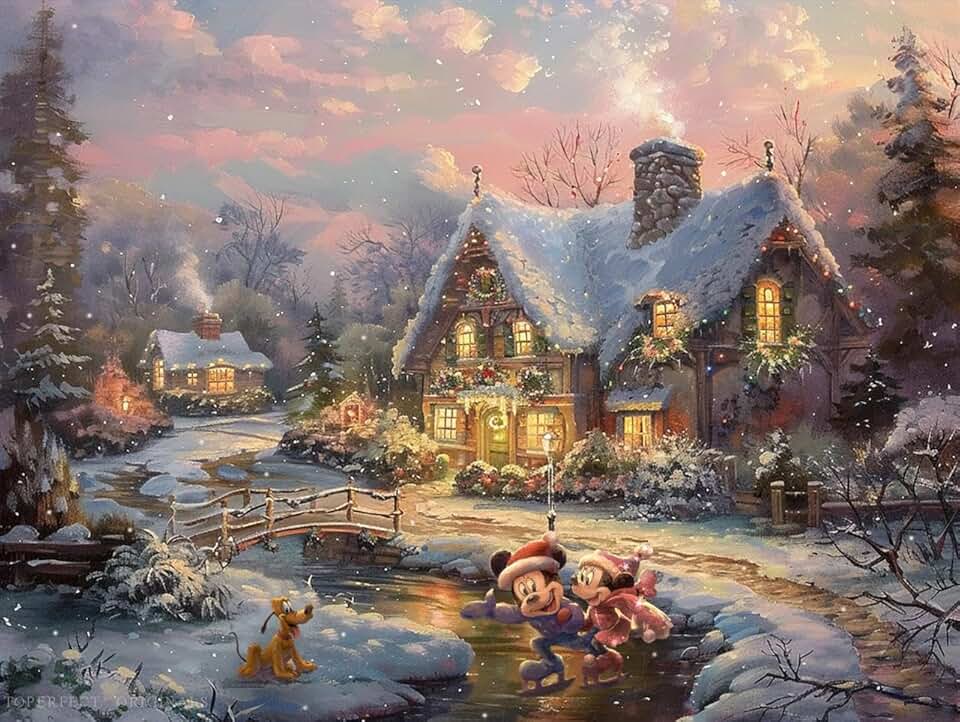 25 Original Handmade Kinkade Christmas Eve Paintings of Snowy Evening Twilight Dusk, Frozen Water | Warm Winter Wonderland Wall Art | Mickey & Minnie Christmas Holiday | Magical Gift for Kids