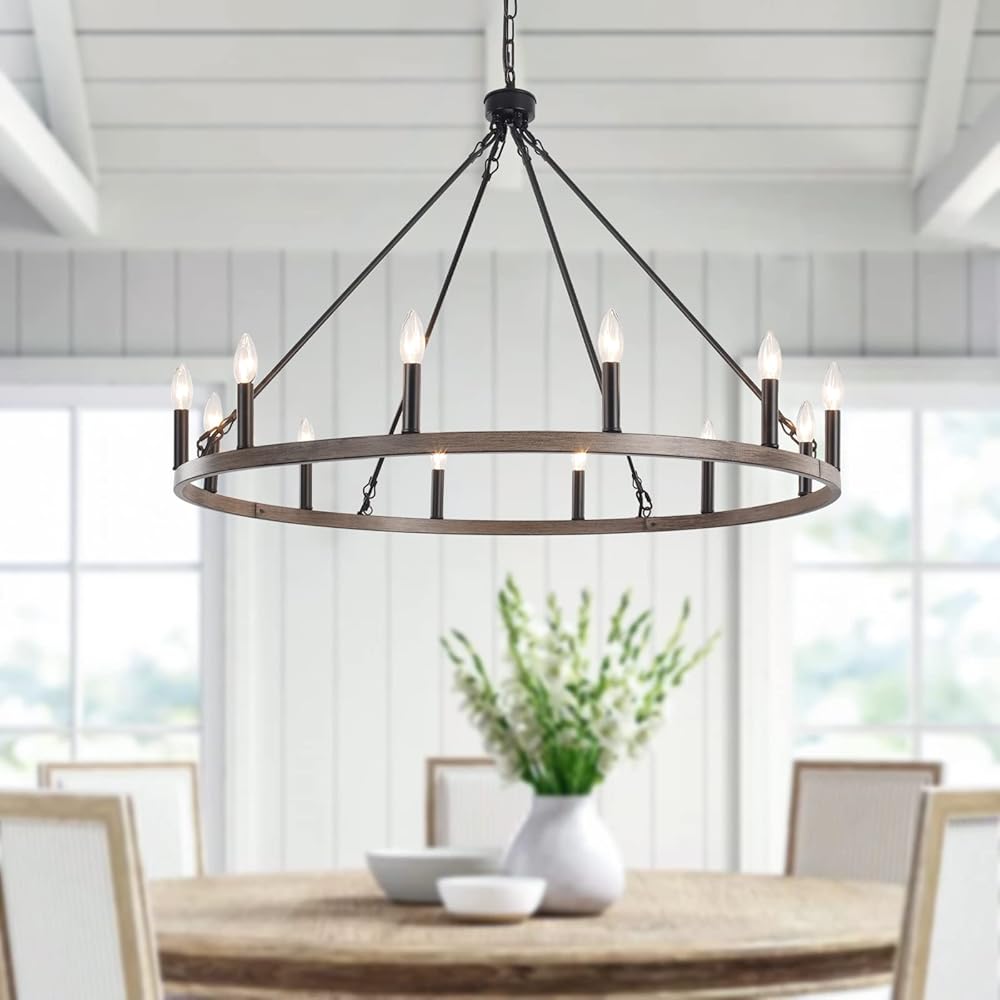 Black Wagon Wheel Chandelier Diam 38'', 12 Lights Large Farmhouse Chandeliers for High Ceilings Rustic Modern Candle Pendant Light Fixtures Round Chandeliers for Dining Room
