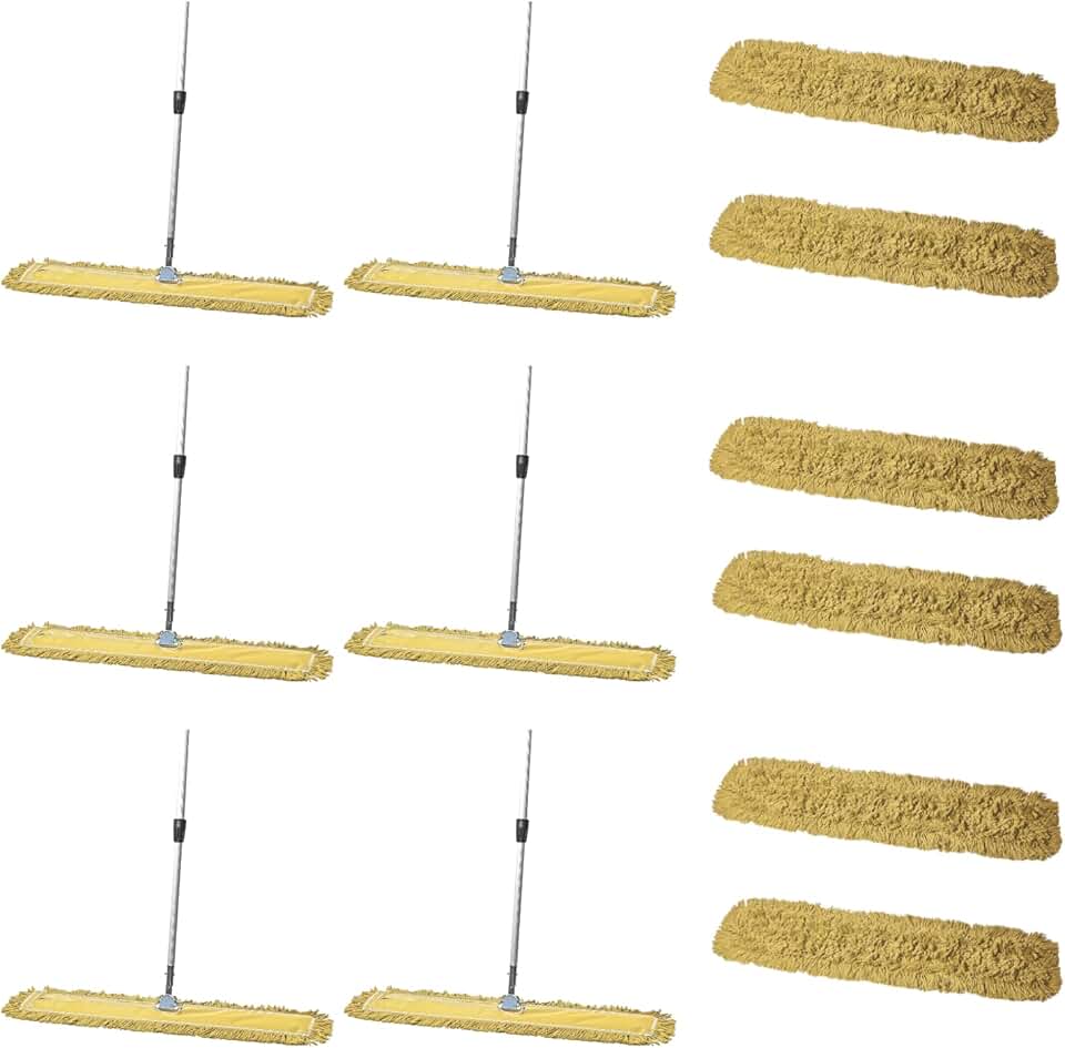 36 Inch Yellow Dust Mop with Metal Handle and 36 Inch Dust Mop Refill Bundle - 6 Mop Sets and 6 Refills