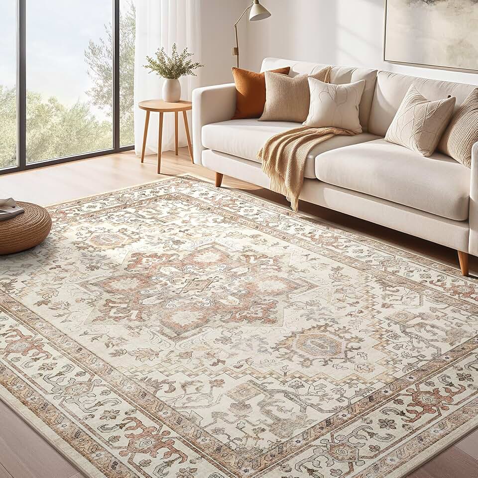 Washable Rug 10x14 Area Rugs: Boho Vintage Distressed Oriental Medallion Neutral Thin Large Rug Carpet for Living Room Bedroom Dining Room Home Office Decor - Beige