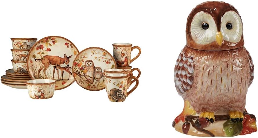 Certified International Pine Forest 16 pc Dinnerware Set, Service for 4, BROWN and Certified International Pine Forest 60 oz. 3-D Cookie Jar,