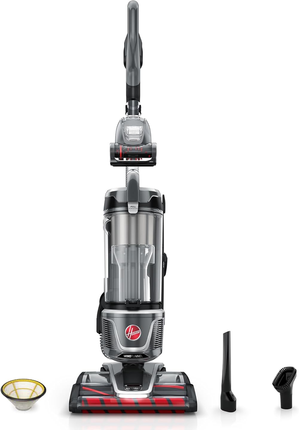 Hoover WindTunnel All-Terrain Dual Brush Roll Bagless Upright Vacuum Cleaner Machine, for Carpet and Hard Floor, Strong Suction with Versatile Tools, HEPA Media Filter, UH77200V, Silver
