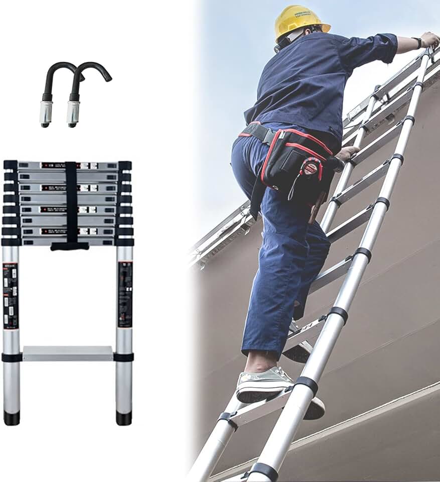 Telescopic Ladder 10ft/15ft/19ft/20ft Telescopic Ladder with Detachable Hooks, Home/Office/Industrial/Emergency Use Telescoping Ladder, Extendable Ladders (Size : 3.4m/11.2ft)