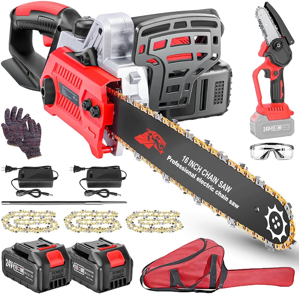 16-Inch Cordless Chainsaw, Electric Chainsaw with 4.0Ah X2 Batteries and 2 Fast Chargers, 24V Brushless Chain Saw with Tool Free Blade Tension System (with 4 Inch Mini Chainsaw)