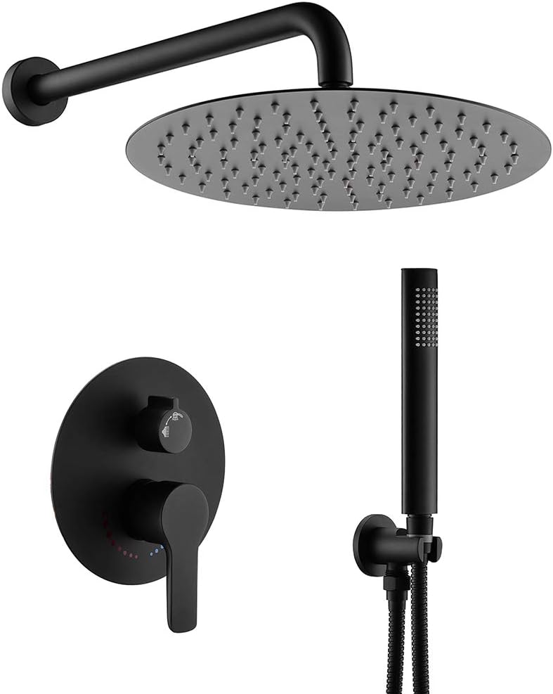 Shower System Black, Shower Faucet Set Complete Rain Shower Head with Handheld Shower, Bathroom Wall Mounted Rain Shower Fixture with Handheld Set (Round Black Shower 12''+ Rough Valve)