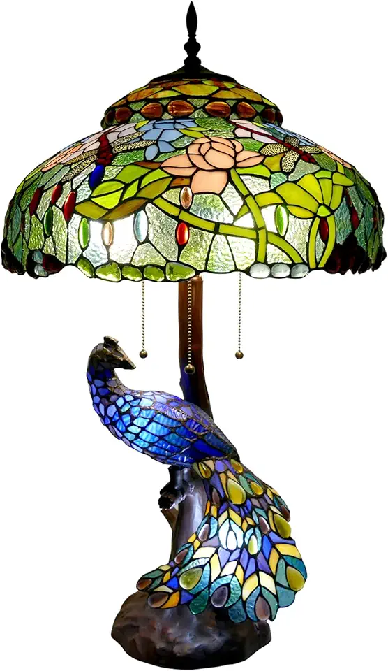 Tiffany Style Table Lamp Dragonfly Lotus Style Handmade Stained Glass Lamp Peacock Style Desk Lamp 18x18x31 Inches Desk Reading Light Decor for Bedroom Living Room Home Office Study Room