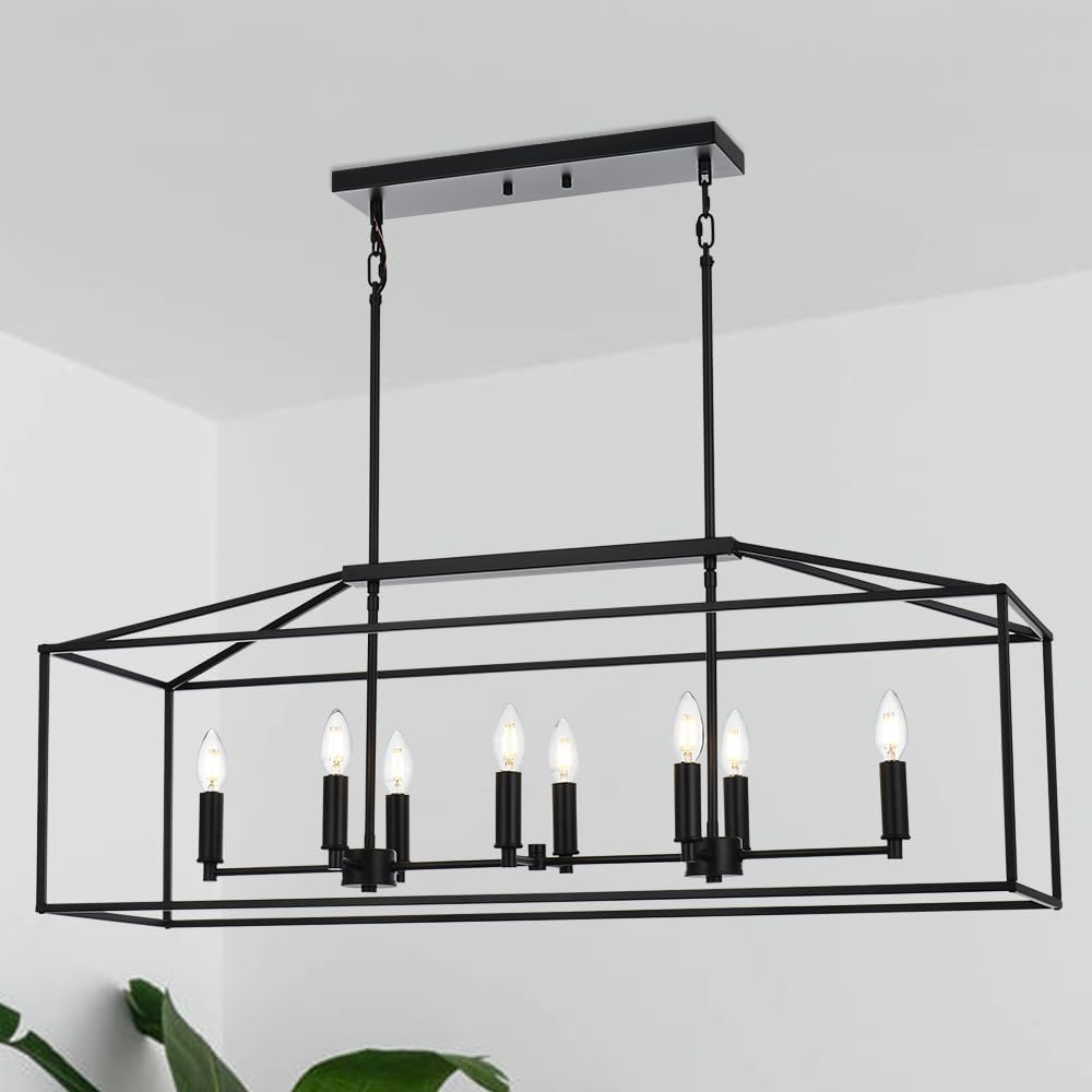 8 Light rectangular Hanging Pendant Light Black Industrial Cage Dining Room Chandelier for Kitchen Foyer Entryway Dining Room