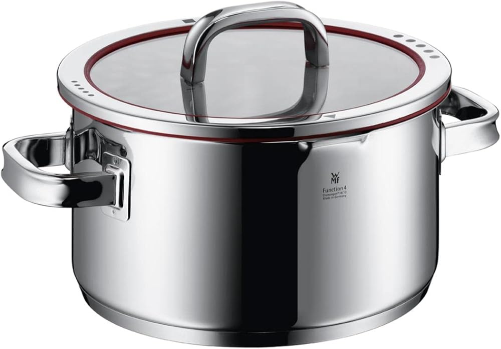 WMF cookware Ø 24 cm approx. 5,7l Function 4 Inside scaling lid - pour off or decant liquids without spilling to keep your dishes and cooker clean. Made in Germany hollow side handles glass lid