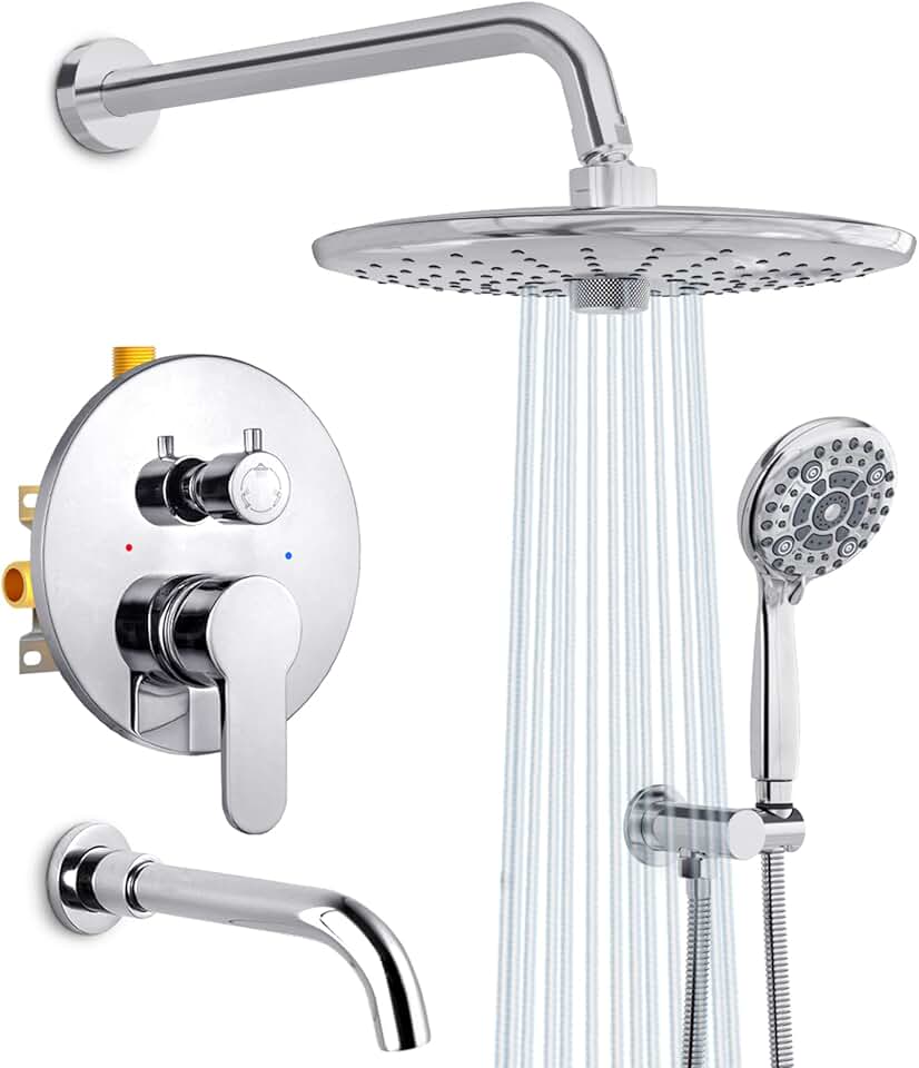 SR SUN RISE 10 Inches Tub and Shower Faucet Combo Wall Mounted Shower System with Tub Spout High Pressure 3-Spray Rain Shower Head and 6-Setting Handheld Sets for Bathroom, Polished Chrome
