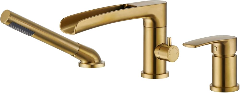 Waterfall Roman Tub Faucet Brushed Gold Deck Mount Bathtub Faucets Brass Tub Filler Bathroom Faucets with Hand Shower