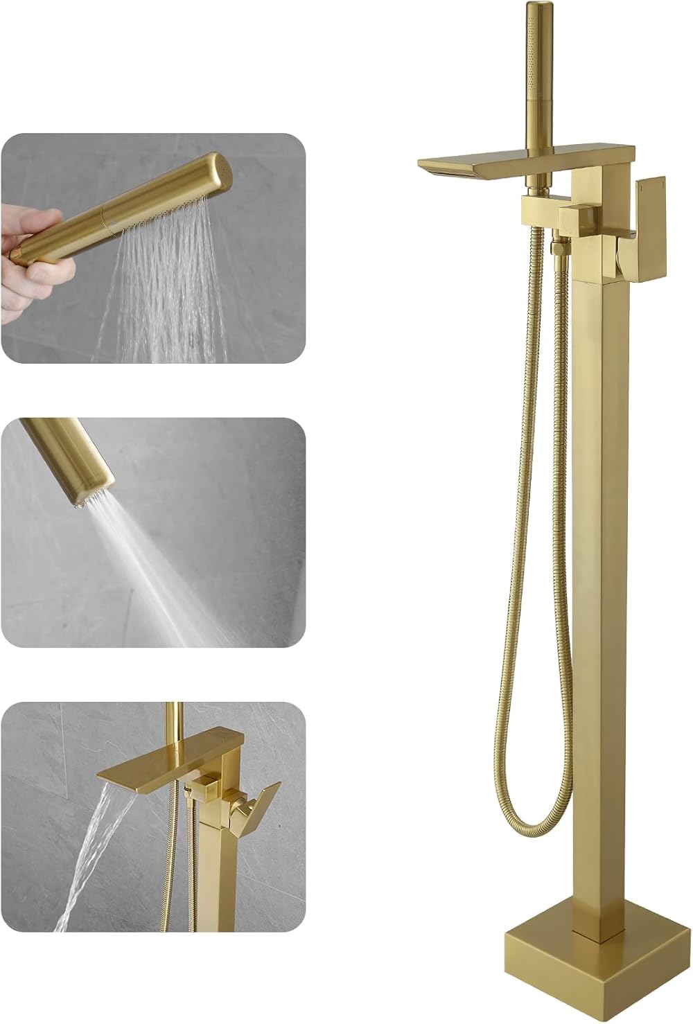Brushed Gold Bathtub Filler Freestanding Tub Filler Floor Mount Tub Faucet Waterfall Bathtub Faucet with CUPC Certified High Flow Brass Bath Shower Faucets with Handheld Sprayer