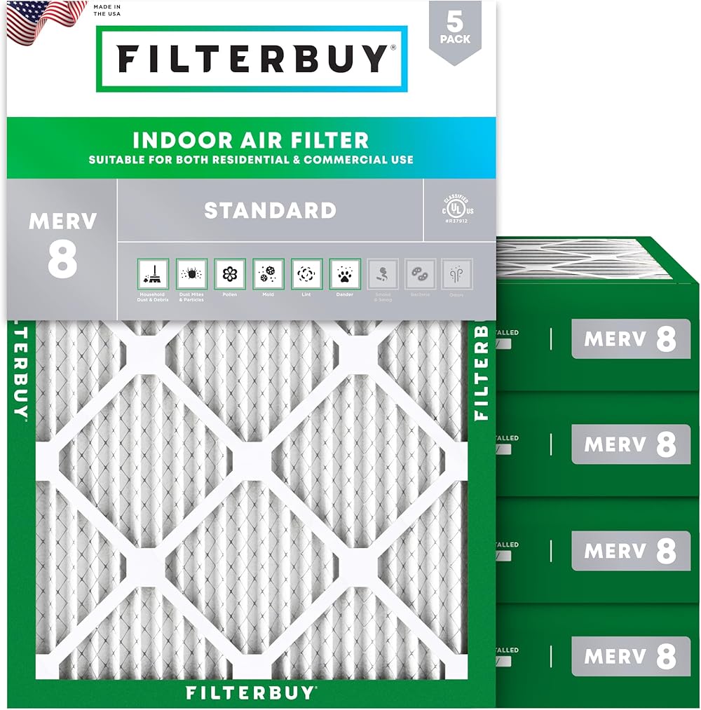 Filterbuy 25x29x4 Air Filter MERV 8 Dust Defense (5-Pack), Pleated HVAC AC Furnace Air Filters Replacement (Actual Size: 24.38 x 28.38 x 3.63 Inches)