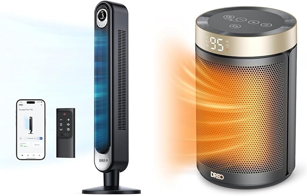 Dreo Smart Tower Fan WiFi Voice Control, Compatible with Alexa/Google & Space Heater, Portable Electric Heaters for Indoor Use with Thermostat, Digital Display, 1-12H Timer, Black