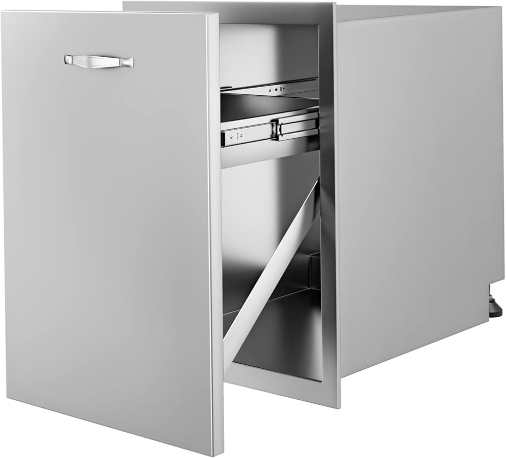 VEVOR Pull Out Trash Drawer 17.7x22.8 Inch Raised Style Trash Bin with Pull-Out Tray Stainless Steel Trash Drawer with Handle for Outdoor Kitchen BBQ Island
