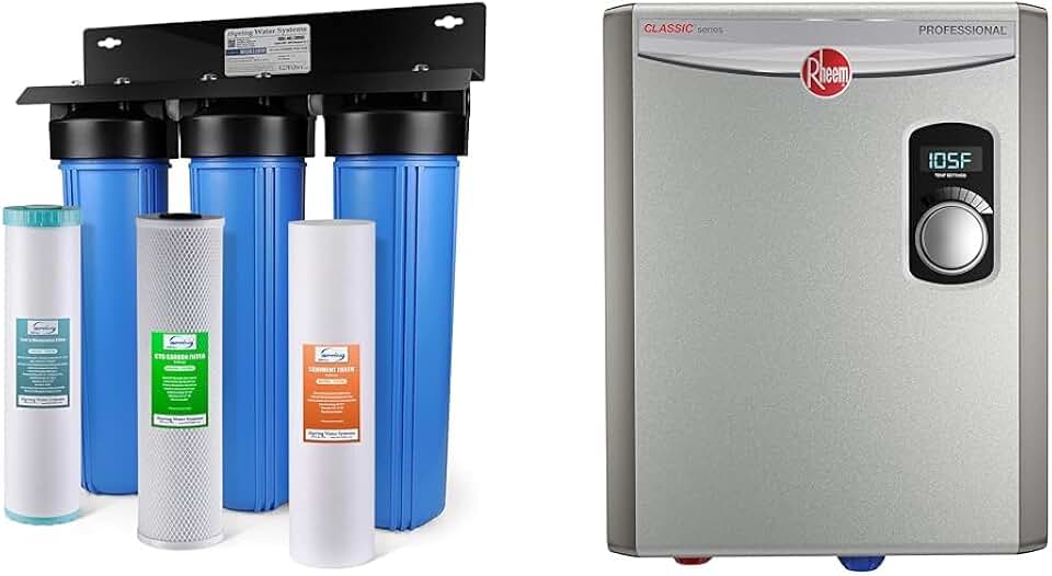 iSpring Whole House Water Filter System, Reduces Iron, Manganese, Chlorine, Sediment, Taste, and Odor, 3-Stage Iron Filter Whole House, Model: WGB32BM & Rheem 18kW 240V Tankless Electric Water Heater