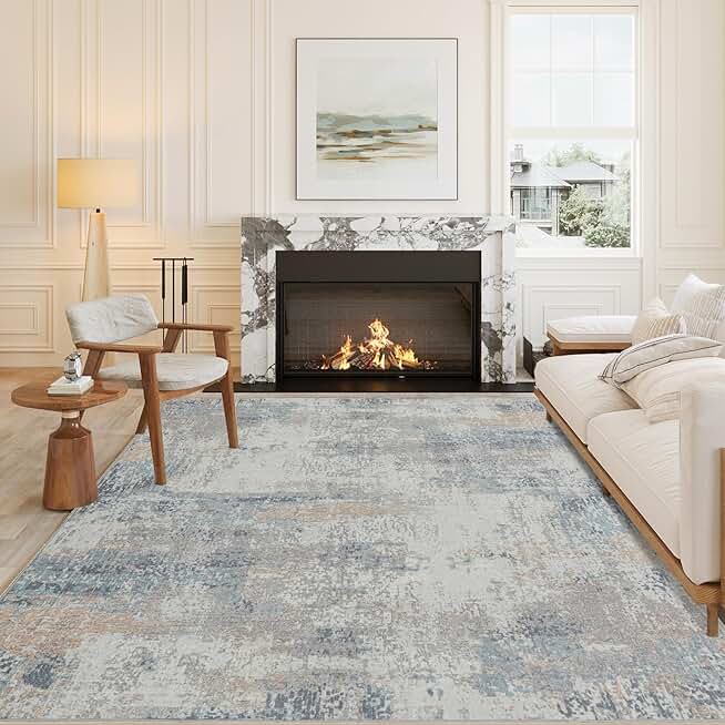 10x14 Washable Area Rug Blue Cream Abstract Modern Living Room Bedroom Extra Large Throw Rug Non Slip Soft Thin Simple Indoor Floor Carpet for Dining Room Office Entryway Kitchen Nursery