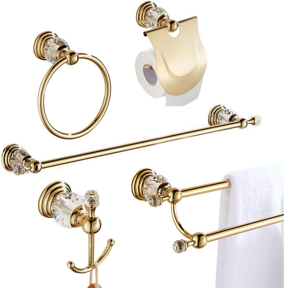 WINCASE Crystal Bathroom Accessories Set, Towel Bar Set Crystal, Wall Mounted Golden Hand Towel Ring Holder Racks Bath Hardware Set Towel Bar 24, Gold Bathroom Accessories Set