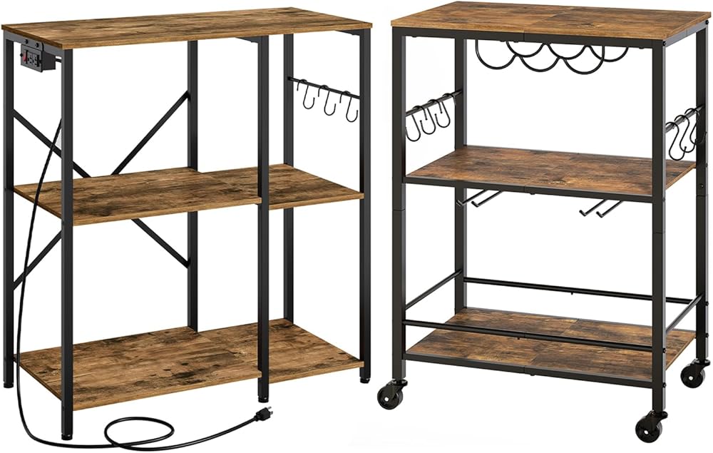 Bakers Rack with Power Outlet, 3-Tier Microwave Stand，Bar Cart, 3-Tier Serving Cart, Kitchen Cart with Wine Rack and Cup Holders Nightstands Set of 2, HB01BR-BC02BR