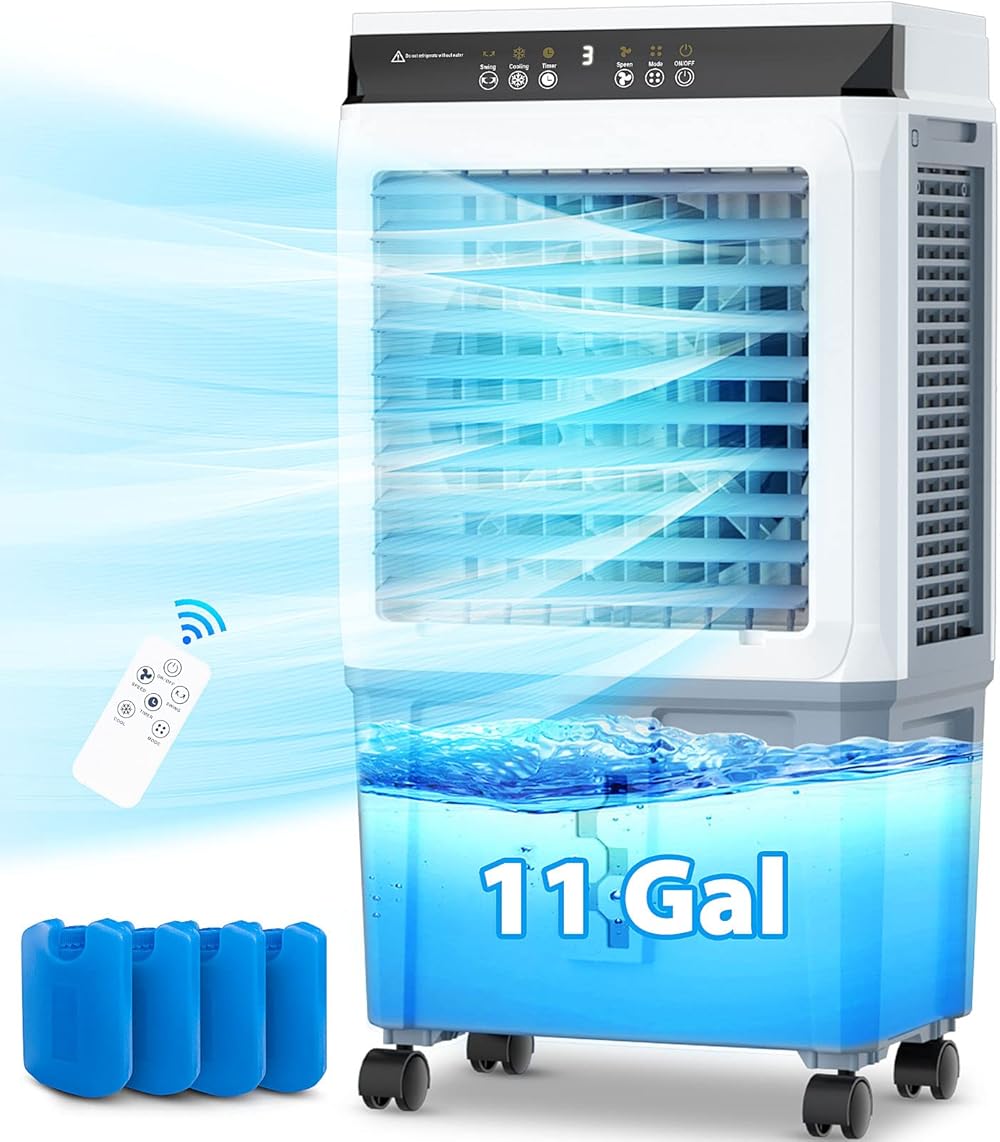 LifePlus Evaporative Air Cooler, 3500 CFM Swamp Cooler with 11 Gallon Remote, Portable Water Cooling Fan with Scroll Casters, 3 Speed Cooling Fan, 4 Ice Packs for office Garage Outdoor Commercial