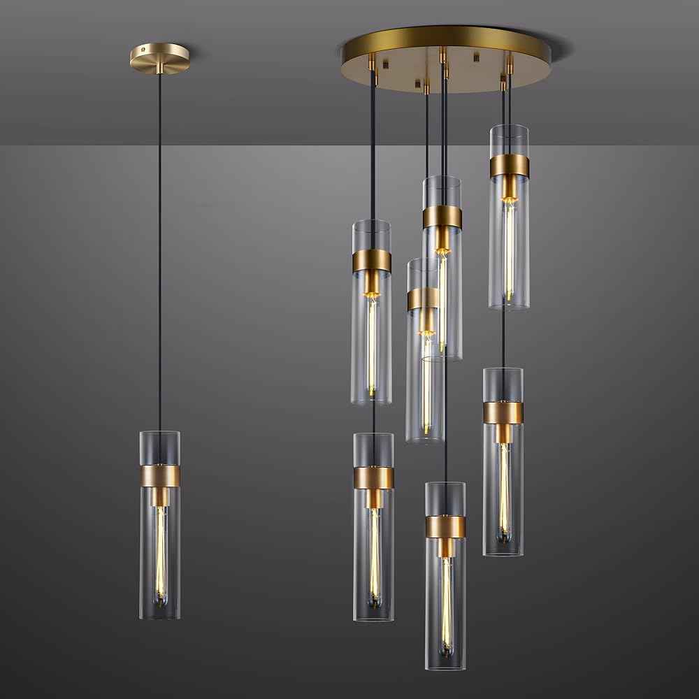 Modern Glass Pendant Lights Kitchen Island, 7 Light Brass Cluster Pendant Light Fixtures, Kitchen Pendant Lighting Over Island, Indoor Pendant Lighting for Bedroom Bathroom, Included Bulb