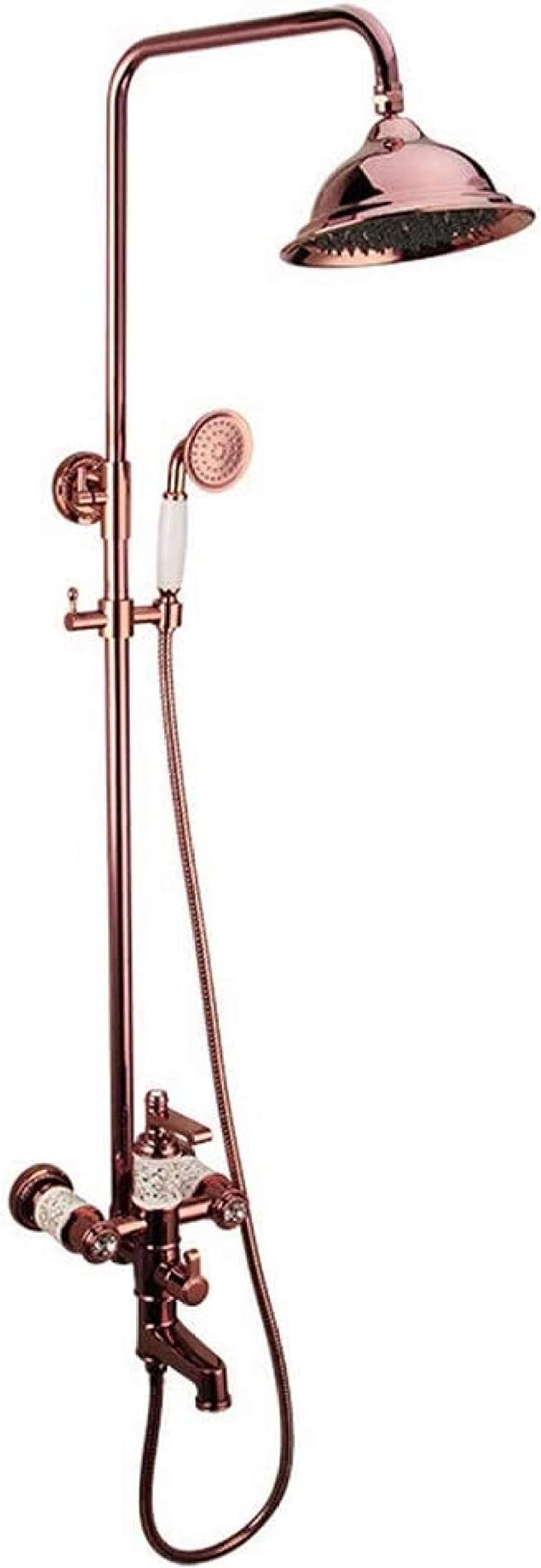 Shower Set Shower Set Vintage Antique Brass Shower Faucet Wall Mounted Antique Copper Shower Head Thermostatic Bathtub Shower Faucet (Color : Rose Gold Size : Free Size)