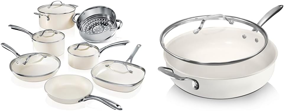 Gotham Steel 12 Pc Ceramic Pots and Pans Set with 5.5 Qt Saute Pan - Non Stick Kitchen Cookware Sets, Pot and Pan Set, Ceramic Cookware Set, Non Toxic Cookware Set, Dishwasher Safe