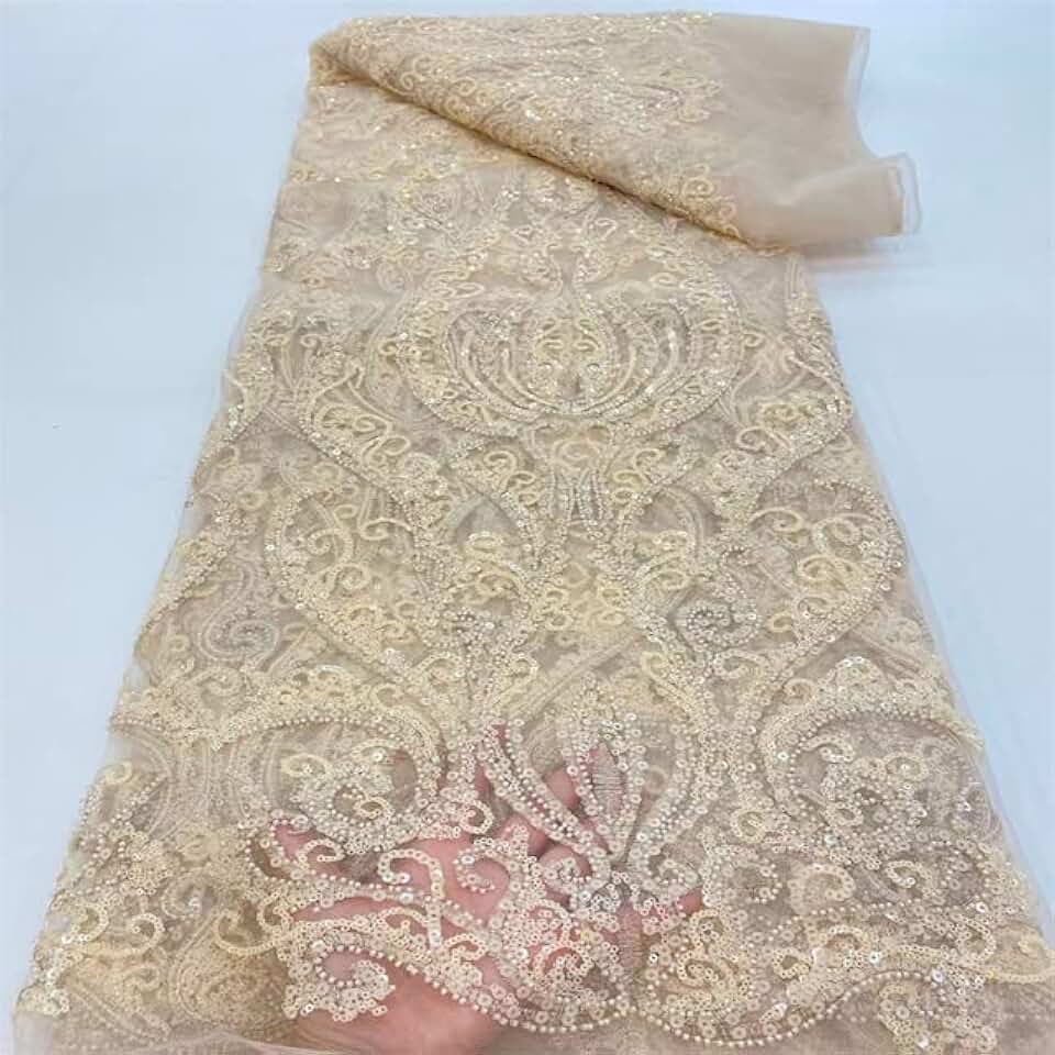 Mahacraft African Lace Fabrics French Groom Beads Lace Beautiful Beaded Green Tulle Bridal Luxury African French Tulle Mesh Lace for Wedding Party - 5 Yards - 120cm