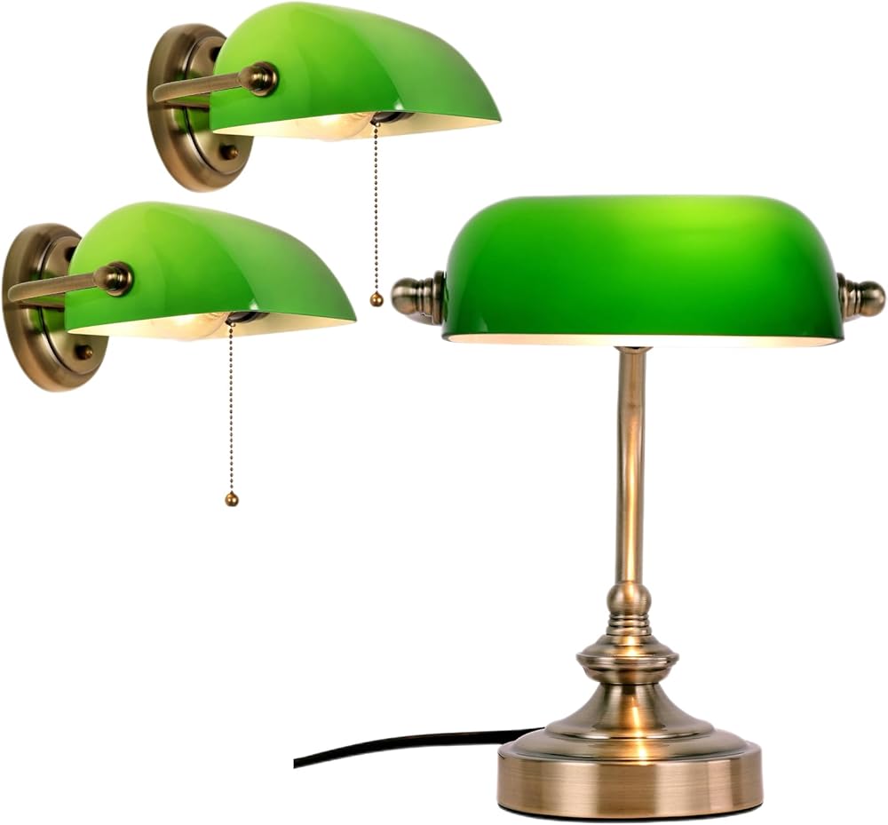 FIRVRE Green Glass Bankers Desk Lamp Classic Retro Bronze Finish,Bundle with 2 Traditional Classic Indoor Pull Chain Switch Wall Sconces for Home Office,Bedroom,Study Desk,Library