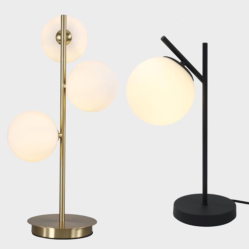 Mid Century Modern Table Lamp Contemporary White Glass Globe Table Lamp and Modern 3 Lights Gold Desk Lamp for Bedroom Living Room