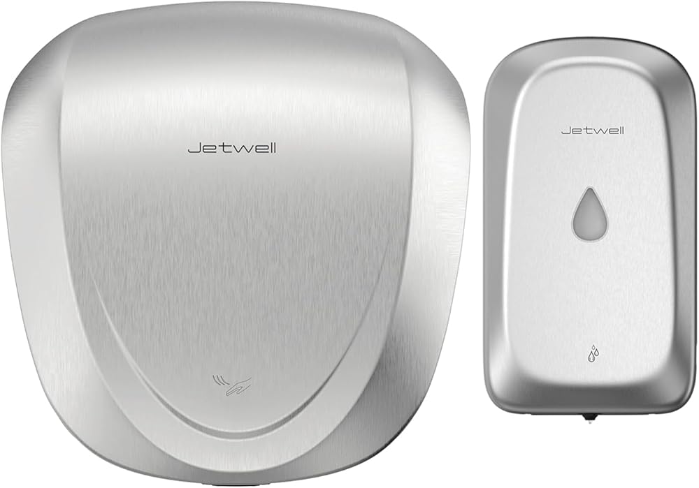 JETWELL UL Approved High Speed Hand Dryer and Wall Mount Automatic Touch-Less Hand Soap Dispenser, Brushed Stainless Steel HEPA Filter Commercial Hand Blower and Hand Soap Dispenser