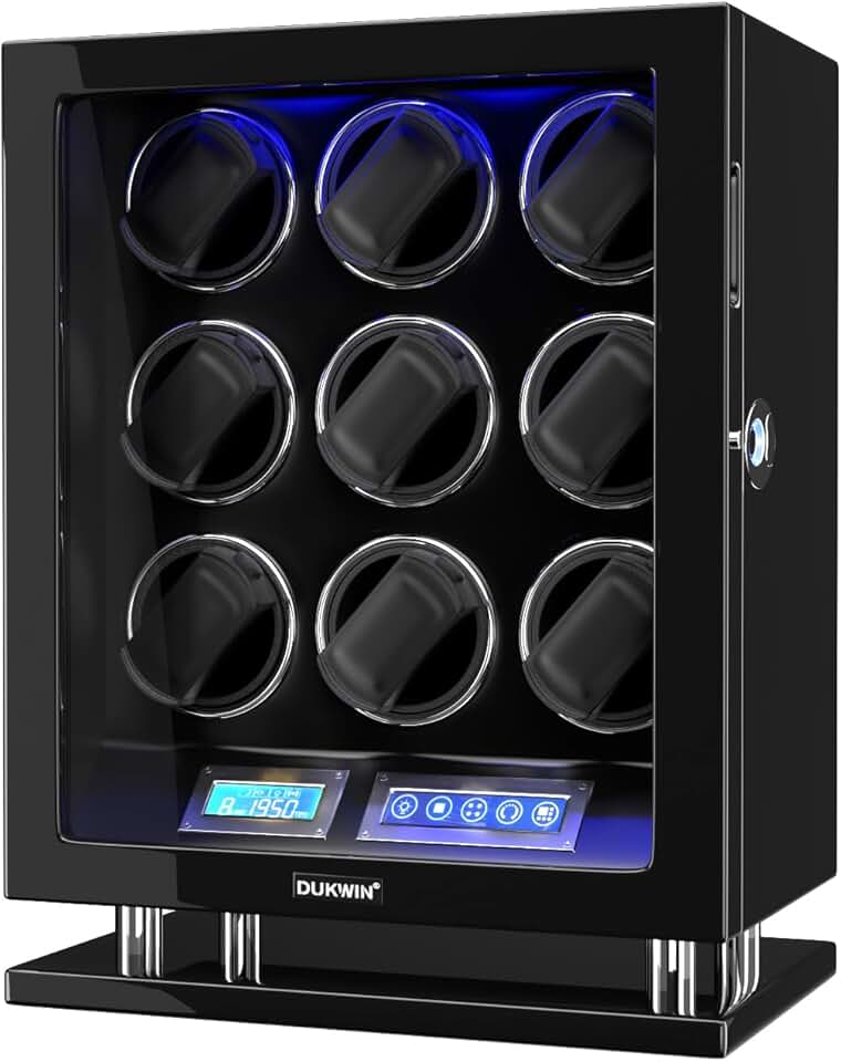 DUKWIN Fingerprint Lock Watch Winder for 6/8/9/12 Automatic Winding Spaces with LCD Touch Screen, Blue LED Light, Quiet Motor, and Adjustable Watch Pillows for Universal Watches