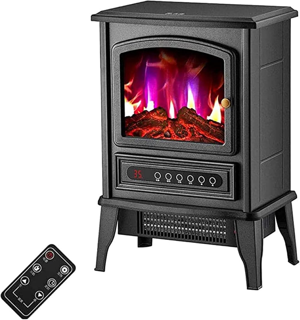 FHB Electric Fireplace Stove Heater, Recessed and Wall Mounted Freestanding Fireplace with Wood Burning LED Light, Remote Control