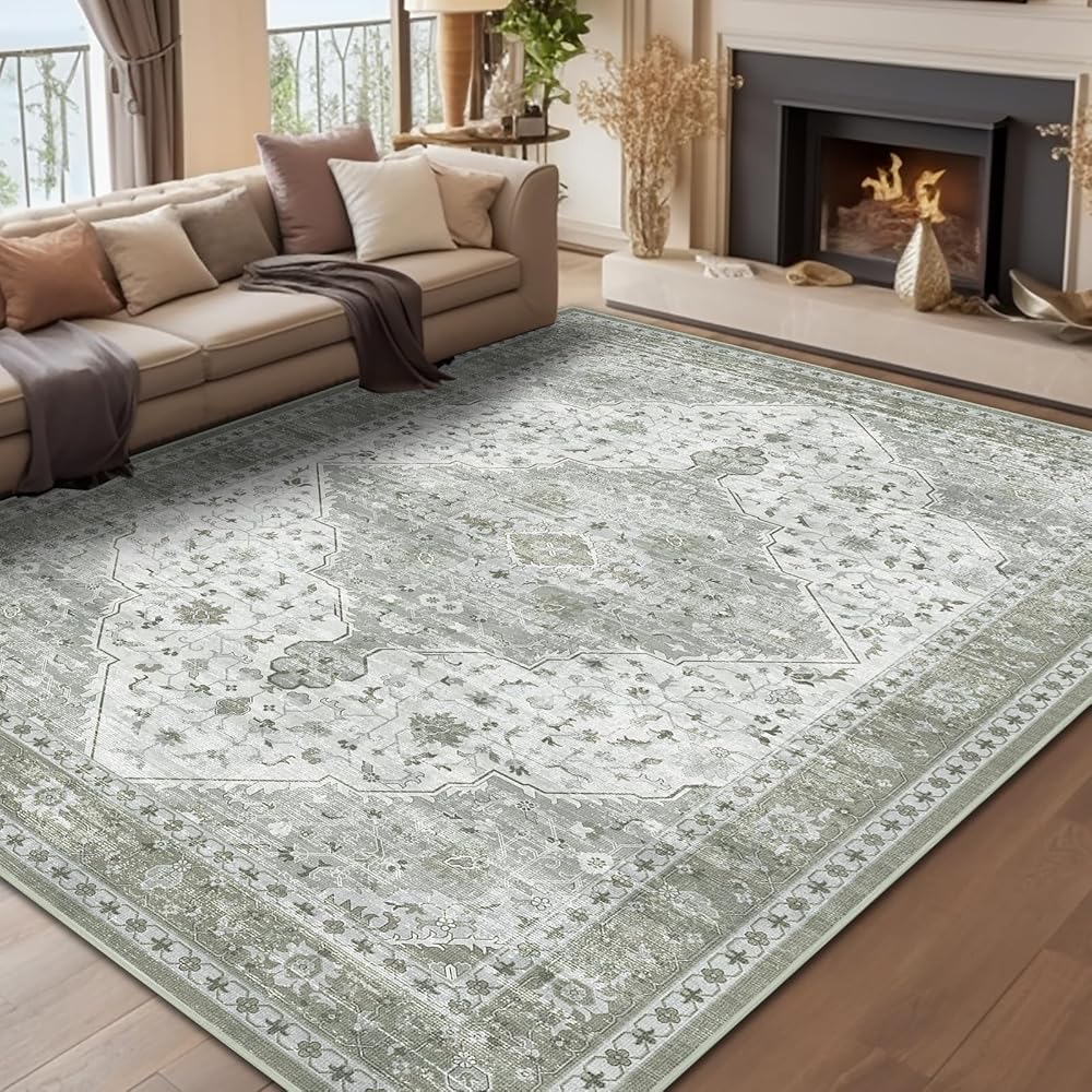 Area Rug for Living Room, Indoor Machine Washable Rug for Bedroom Vintage Rug Dinning Room Floor Carpet Non-Slip Backing Rugs Floral Soft Low-Pile Office Rug (Sage Green, 9' × 12')