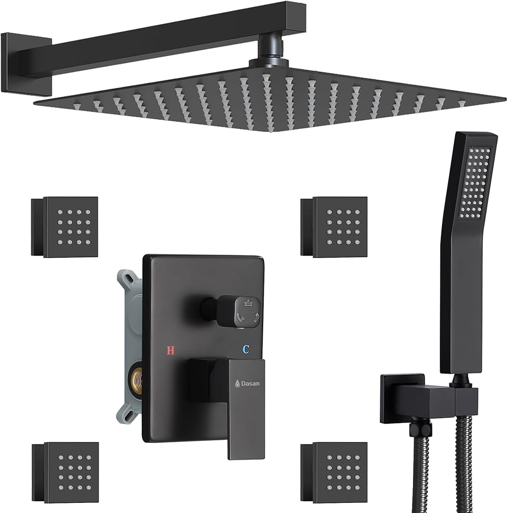 Full Body Rain Shower System with 4 Body Shower Jets & 12’’ Wall Mount Rainfall Shower Head & Handheld, DASAN Multi Shower Head System Matte Black Rain Shower Faucets sets Combo with Rough-in Valve