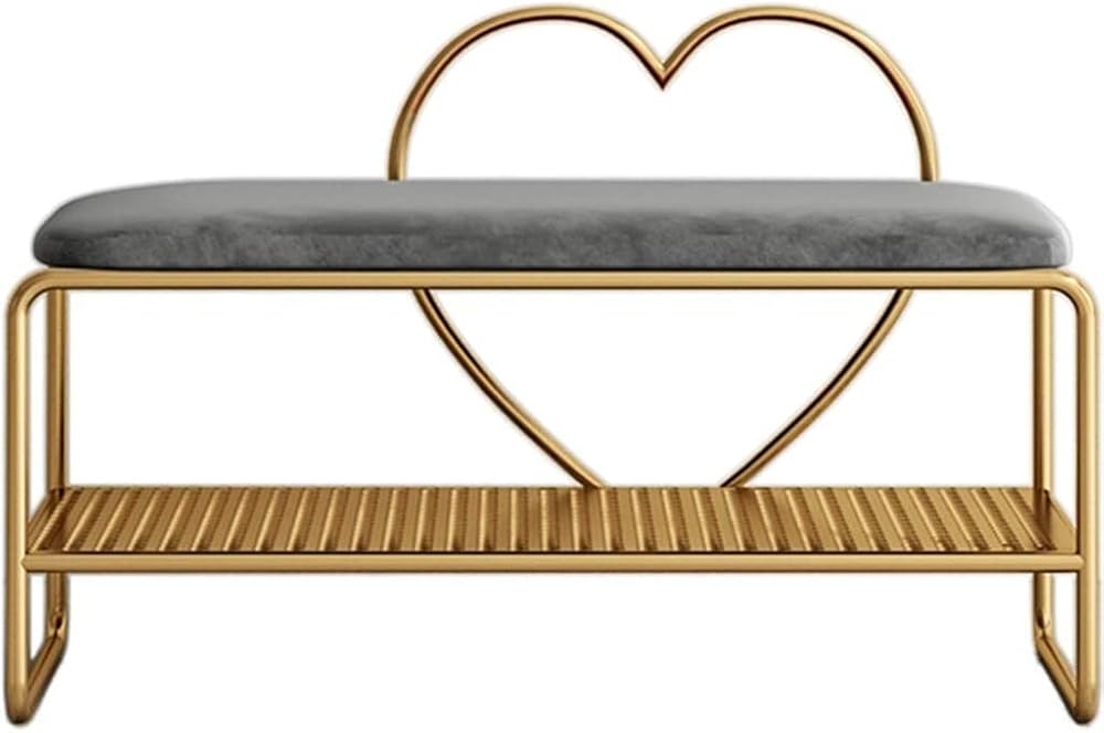 Shoe Storage Bench Entryway Hallway Furniture, Entryway Nordic Creative Heart-shaped Iron Art, Simple Metal Shoe Changing Stool, Entrance Shoe Stool with Cushions(Gray+gold,80 * 35 * 45cm)